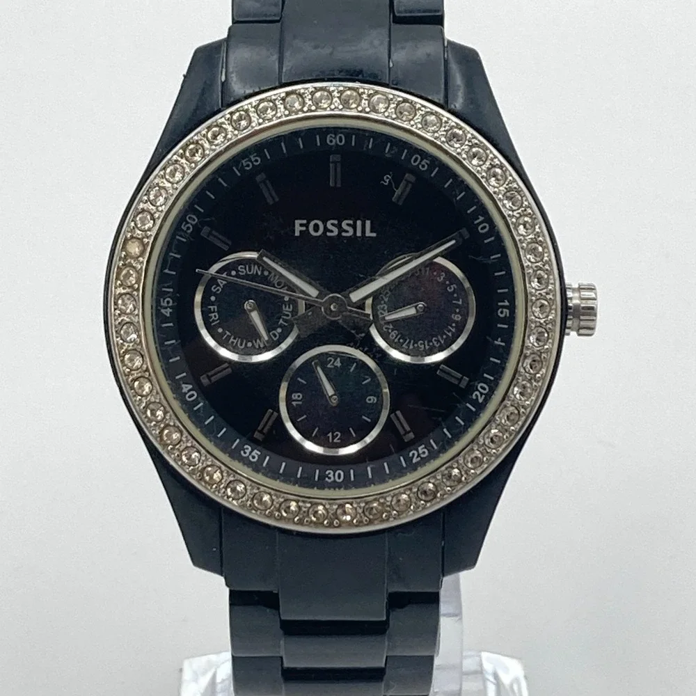 Fossil Stella Women's Watch 38mm Black Day Date ES2157 Crystals New Battery 7